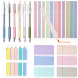 Vyuwast 12 Pastel Highlighters Set, 6 Gel Pens, 6 Mini Correction Rollers and 200 Transparent Sticky Notes for Journal, Office, School Supplies