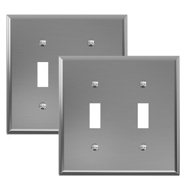 ELEGRP Toggle Light Switch Stainless Steel Wall Plate, 2-Gang Metal Switch Cover, Standard Size Toggle Switch Covers, Faceplates for Switch Device, ETL Listed, Color-matched Screws Included, 2 Pack