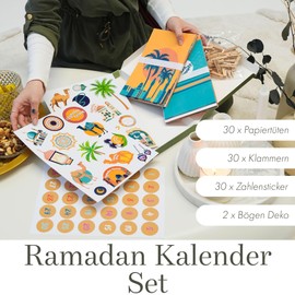 Milula Studios Ramadan Kalender zum Befüllen & Basteln - Ramadan Deko - Ramadan Kalender Kinder, Erwachsene - Bedruckte Kraftpapiertüten - Eid Mubarak Ramadankalender - Kalender 30 Sticker Ramadantüten & Klammern