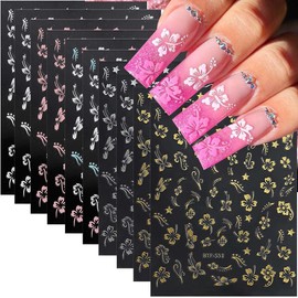 10Sheets Flower Nail Stickers Hibiscus Nail Decals White Pink Golden Clear Silver Decals Nail Art Decorations Nail Decals Nail Art Supplies Nail Designs for Women Manicure Tips