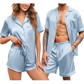 Ekouaer Silk Satin Matching Pajamas Sets Couple Button Down Nightwear Women & Men Short Sleeve Sleepwear 2 Pieces Loungewear Light Blue Large