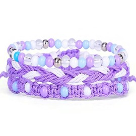 Caiyao 3Pcs Colorful Braided Stretch Friendship Bracelets Stackable Bead Woven Waterproof Wax Coated String Adjustable Wave Rope Bangle Bracelets Friendship Surf Jewelry for Women-purple