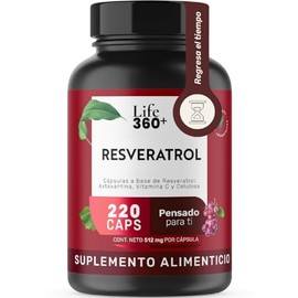 LIFE 360+ Resveratrol | 220 Cápsulas | Antioxidante de 1024 Miligramos | Astaxantina, Vitamina C y Celulosa | Suplementos Alimenticios | 110 Porciones