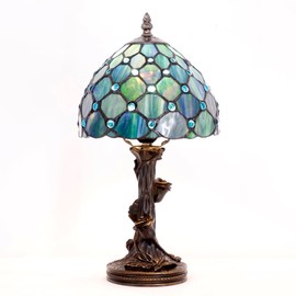 Small Tiffany Lamp Stained Glass Table Lamp Sea Blue Pearl Style Bedside Desk Light Mini Accent Desk Memory Lamp 8X15 Inch