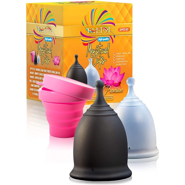 Talisi Reusable 2 Menstrual Cups - Period Cup Set for Women with Collapsible Sterilization Cup and Travel Bag - Feminine Menstruation Alternative to Tampons - Regular and Heavy Flow