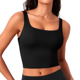 PINSPARK Black Sports Bra Women Square Neck Athletic Tops for Women Stretch Padded Workout Tank Built in Bra Longline Yoga Top Large,Black