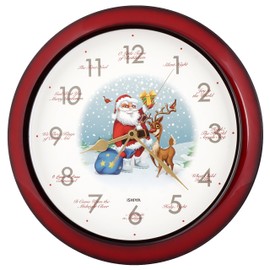 JUSTIME Fabulous 14-inch 12 Song of Carols of Christmas Santa Claus & Reindeer Melody Wall Clock, Quartz Home Wall Deco Clock (SD RED)