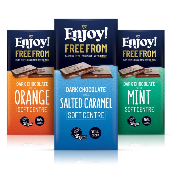 Enjoy! Vegan Chocolate Gift Trio | Soft Center Flavorful Bars (Salted Caramel, Orange, Mint) | Vegan, Dairy & Gluten Free, 70% Cocoa Dark Chocolate | 70g per Bar