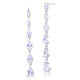 CZ Linear Earrings for Women Sterling Silver Multi Teardrop Cubic Zirconia Long Linear Drop Post Earrings Crystal Bridal Wedding Prom Party Dangle Earrings