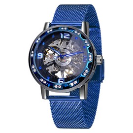Tiong A1089 Blue Mesh Band Men's Casual Mechanical Watch, Waterproof Business Mechanical Mesh Band Watch Arabic Digital Dial for Men-Blue