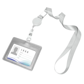 Vicloon Leather Badge Holder, 2-Sided PU Leather ID Badge Holder and Retractable Lanyards, Horizontal Badge Holder with 1 ID Window & 1 Card Slot for Work ID, School ID, Metro Card (Gray)