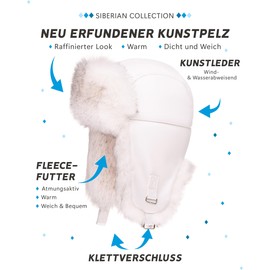 Futrzane Trapper hat made of leather, aviator hat, women's Russian hat, Ushanka, White - White with Black Siberian