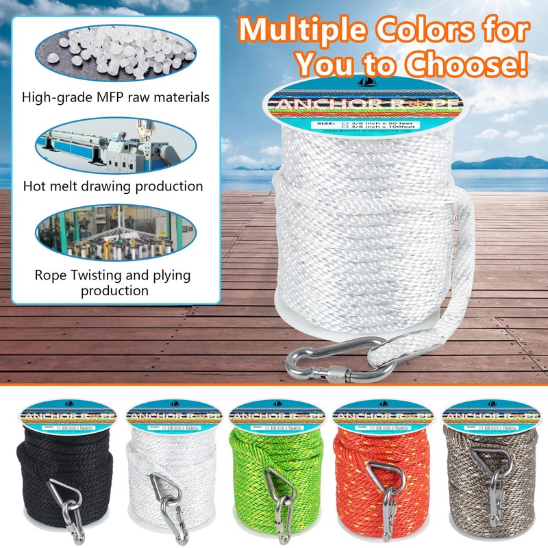 Anchor Rope 50 Ft, Premium Solid Braid MFP Anchor Line