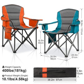 LANMOUNTAIN 2 Pack Padded Oversized Camping Chairs for Adults,Heavy Duty Support 400 Lbs,Folding Portable Lawn Chair w/Cup Holder,Cooler Bag,Side Pocket,Perfect for Outdoor Picnic,Hiking(Orange&Blue)