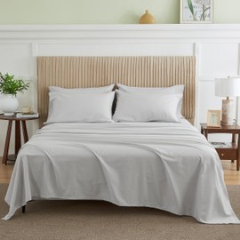 Simple&Opulence Belgian Linen Sheet Set Solid Color - 6 Pieces (1 Flat Sheet & 1 Fitted Sheet & 4 Pillowcases) 16" Deep Pocket Natural Flax Cotton Blended Soft Bedding - Khaki Grey, King Size