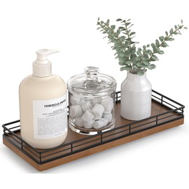 Bathroom Tray for Counter Top Organizer – Oak Wood Vanity Tray with Metal Frame for Dresser, Kitchen, Nightstand – Black & Brown Decorative Storage