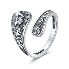 YAFEINI Skull Spoon Ring 925 Sterling Silver Gothic Adjustable Skull Rose Flower Statement Ring Vintage Victorian Jewellery for Women