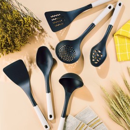 Meyer Everyday Nylon Tools / Cooking Utensils Set for Non Stick Cookware , 6 Piece: Slotted Turner, Solid Turner, Skimmer, Ladle, Slotted Spoon and Solid Spoon, Heat Resistant, Black with Gray Handles