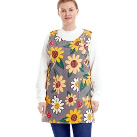 APRONNER Plus Size Aprons for Women with Pockets Cotton Linen Cobbler Aprons Smock for Baking Kitchen Cooking, Sun Flowers, 5X-Large