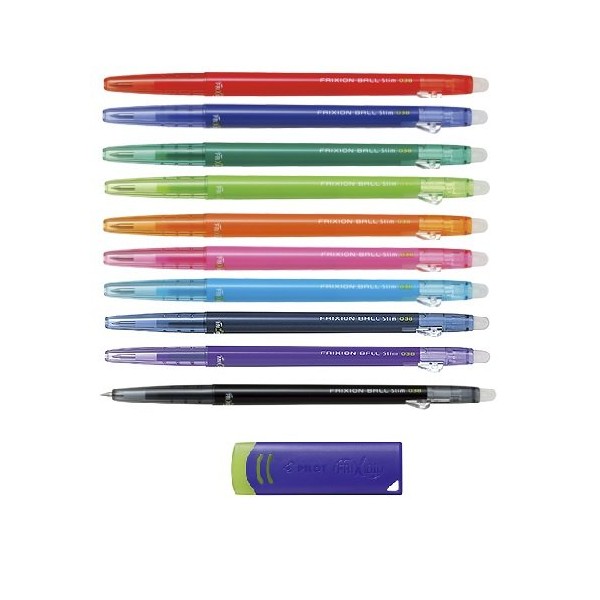 Pilot FriXion Ball Slim 038 Retractable Erasable Gel Ink Pen, Extra Fine Point, 0.38mm, 10 Color Set & FriXion Eraser