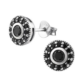 Laimons Women's Stud Earrings Round Shiny Zirconia Black 925 Sterling Silver, Silver, Cubic Zirconia