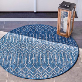 Unique Loom Outdoor Trellis Collection Area Rug - Tribal Trellis (8' Round, Blue/ Ivory)