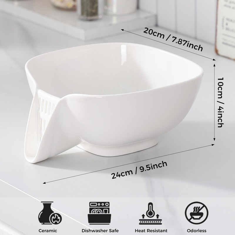 DIZADA Multifunctional Ceramic Drain Basket with Integrated Drain Spout, Colander