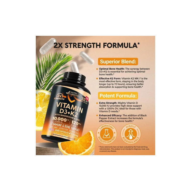 Vitamina D3 K2 10000 Iu 120 Mcg Con Magnesio Zinc