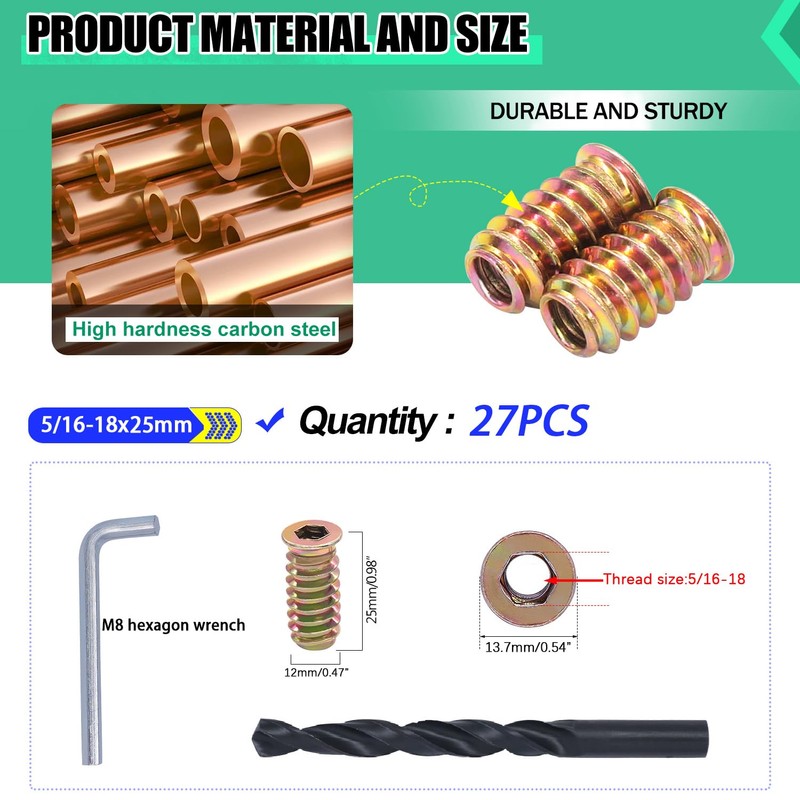 Twidec/27PCS 5/16"-18 Threaded Inserts for Wood Furniture Screw-in Nut Wood
