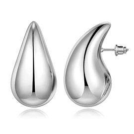 KissYan Chunky Gold Hoop Earrings for Women, 14K Gold Plated Lightweight Hollow Open Hoops Thick Teardrop Earrings Sterling Silver Post Fashion Jewelry Gifts(Style8-Silver)