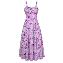 Belle Poque Women Chiffon Purple Floral Dresses for Spring Summer Spaghetti Strap Corset Dress Midi Length M