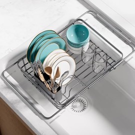 Sakugi Dish Drying Rack in Sink- Expandable Dish Rack Used Over Sink, in Sink & on Countertop, Rustproof Kitchen Dish Drying Rack with Removable Cutlery Holder, 16.1" D x 12" W x 4.2" H, Silver