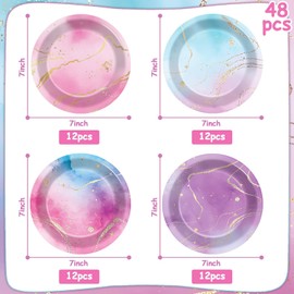 Lonfliness 48PCS Tie Dye Party Paper Plates 7inch Pink and Purple Birthday Party Plates Tie Dye Party Decorations Mermaid Unicorn Party Tableware Kit for Baby Shower Birthday Wedding Party Supplies