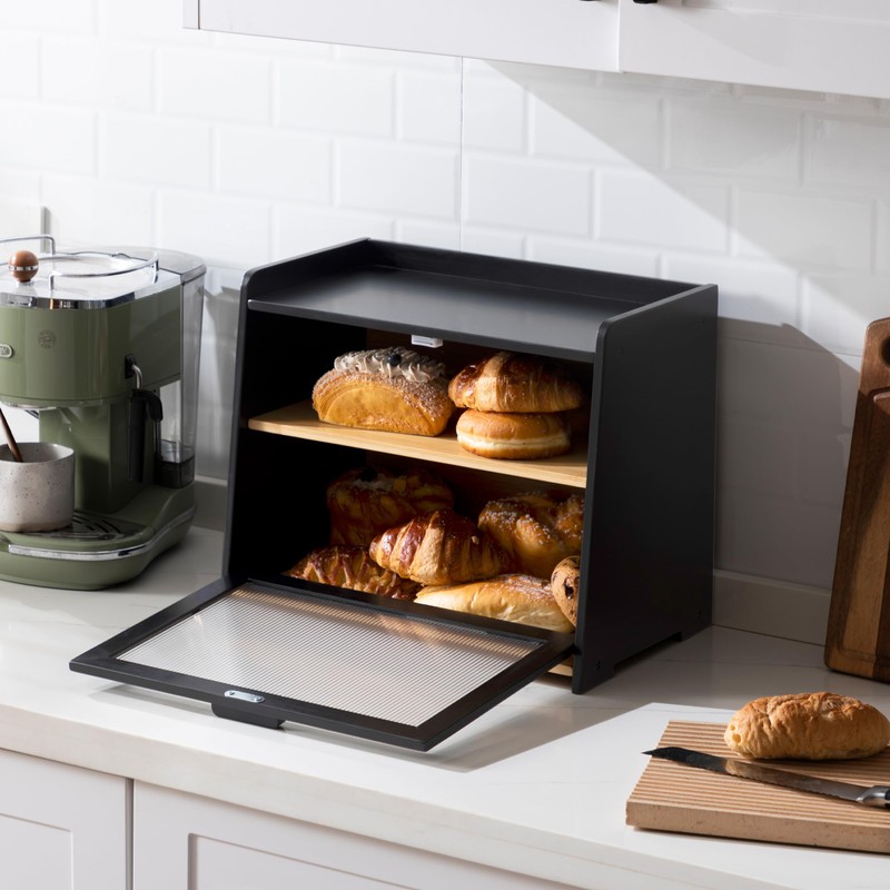 Famyards Double Layer Farmhouse Bread Box for Kitchen Countertop, Bamboo