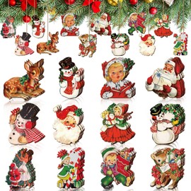 Wooden Christmas Pendants, Pack of 24 Wooden Christmas Pendants with String, Christmas Tree Pendant, Wooden Christmas Decoration, Wooden Christmas Tree Decoration Set