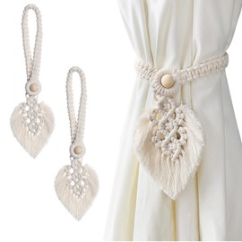 IVEOPPE Tiebacks Boho Curtain Holders, Pack of 2 Curtain Tiebacks Cotton Macrame Curtain Holder Tiebacks Curtain Clips Feather Curtain Clips for Curtains Decoration (Beige)