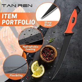 TAN REN Fillet Knife for Fish 9 inch, Flexible Fishing Knife for Filleting and Cleaning, Non-Slip Handle Stainless Steel Filet Knives with Sheath, Ideal for Boning & Filleting Fish