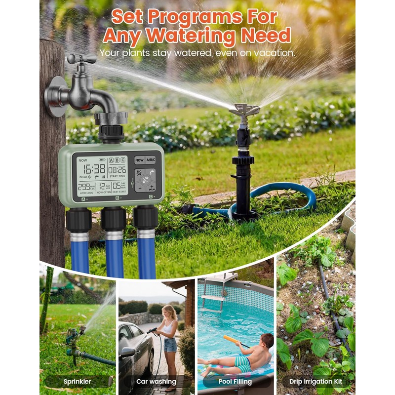 Sprinkler Timer 3 Zone Water Timer for Garden Hose Programmable