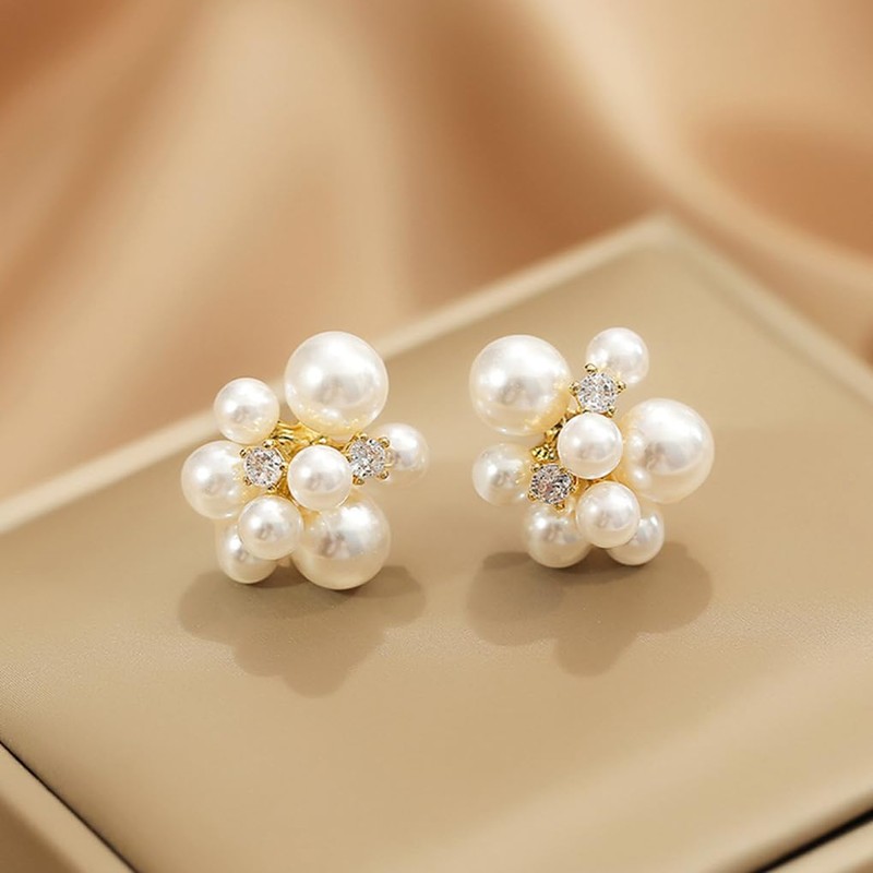 Pearl Stud Earrings for Women,Large Pearl Cluster Earrings,Cute Big Beaded