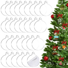 30 Pack Christmas Tree Ornaments Blanks - 4 Inch Clear Round Acrylic Flat Disc Ornaments Blanks Christmas DIY Crafts Transparent Circle Discs for Christmas Winter New Year Party Hanging Decorations