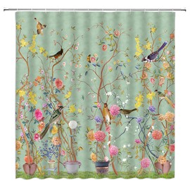 DSMEUE Flower Bird Shower Curtain Asian Flower Botanical Plant Wildflower Nature Oriental Traditional Japanese Retro Sage Green Bathroom Decor Curtain with Hooks,70Wx70H Inch