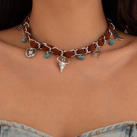 ALRNBY Layered Boho Western Choker Necklace for Women Girls Turquoise Long Trendy Leather Cowboy Boot Hat Pendant Necklace Silver Necklace Jewelry Gift (Style-2-charms)