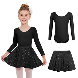 Zaclotre Black Leotard for Girls Long Sleeve Twinkle Sequins Dance Dress Outfit with Removable Skirt