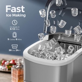 Electactic Ice Makers Countertop,26Lbs/24H,9 Cubes in 6 Mins,Portable Ice Maker Machine with Self-Cleaning,2 Sizes of Bullet Ice,Perfect for Home Kitchen(Grey)