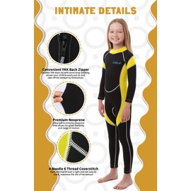 Yikayin Children's Long Wetsuit, 2.5 mm Wetsuit Boys Girls Back Zip, Neoprene Kids Thermal for Swimming, Diving, Snorkelling, Surfing, SUP - Yellow L