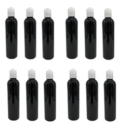 Natural Farms 8 oz Black Cosmo Plastic Bottles -12 Pack Empty Bottle Refillable - BPA Free - Essential Oils - Aromatherapy | White Press Down Disc Cap - Made in the USA
