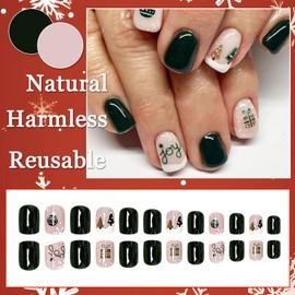 Ceboic 24Pcs Christmas French False Nails Short Square Press on Nails with Cute Christmas Tree Design White Green Fake Nails Full Cover Stick on Nails Reusable Xmas Glue on Nails for Women and Girls