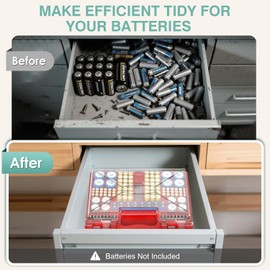 Battery Organizer, Clear Battery Storage Organizer with Tester, 185+ Batteries Double-Sided Variety Pack, Holds AA AAA 4A C D Cell 9V 3V Lithium LR44 CR2 CR123 CR1632 18650 Button - Black