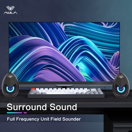 AULA N69 Computer Speakers, USB 2.0 Powered PC Speakers with RGB LED Lights, Stereo Surround Sound, 3.5mm AUX-in Wired Desktop Speaker for PC, Laptop, Tablet, Cellphone - Black