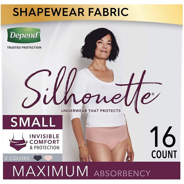 Depend Silhouette Incontinence and Postpartum Underwear for Women, Maximum Absorbency, Disposable, Small, Pink & Black, 16 Count